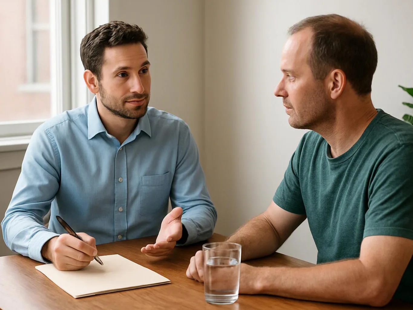 Two men sit at a wooden table, one writing on paper while they talk by a window