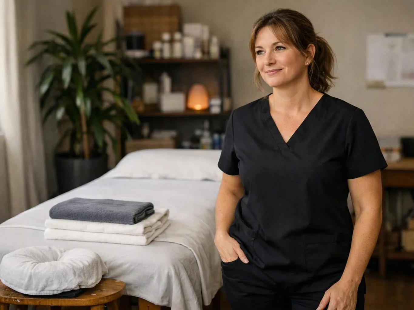A woman in black scrubs stands beside a neatly made massage table with folded towels and a neck pillow