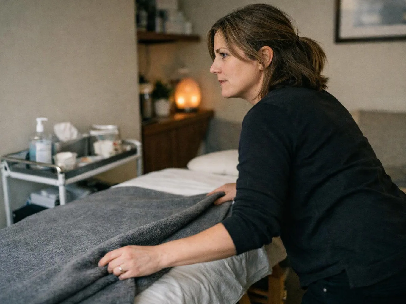 A woman in a black shirt smooths a gray blanket on a massage table in a calm room