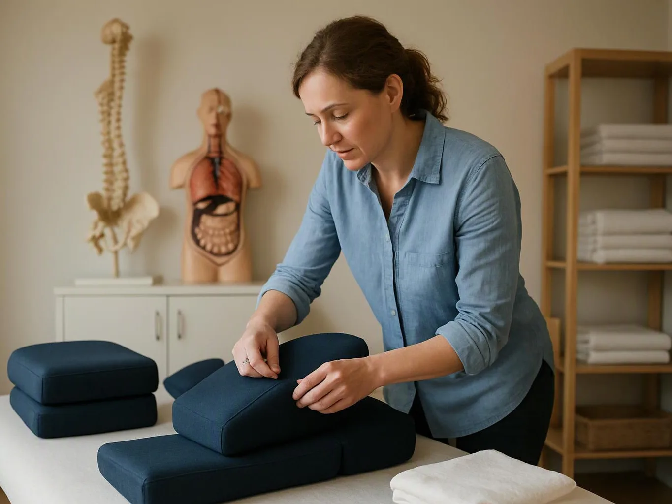 A woman in a blue shirt adjusts stacked dark cushions in a bright therapy room with anatomy models and folded towels