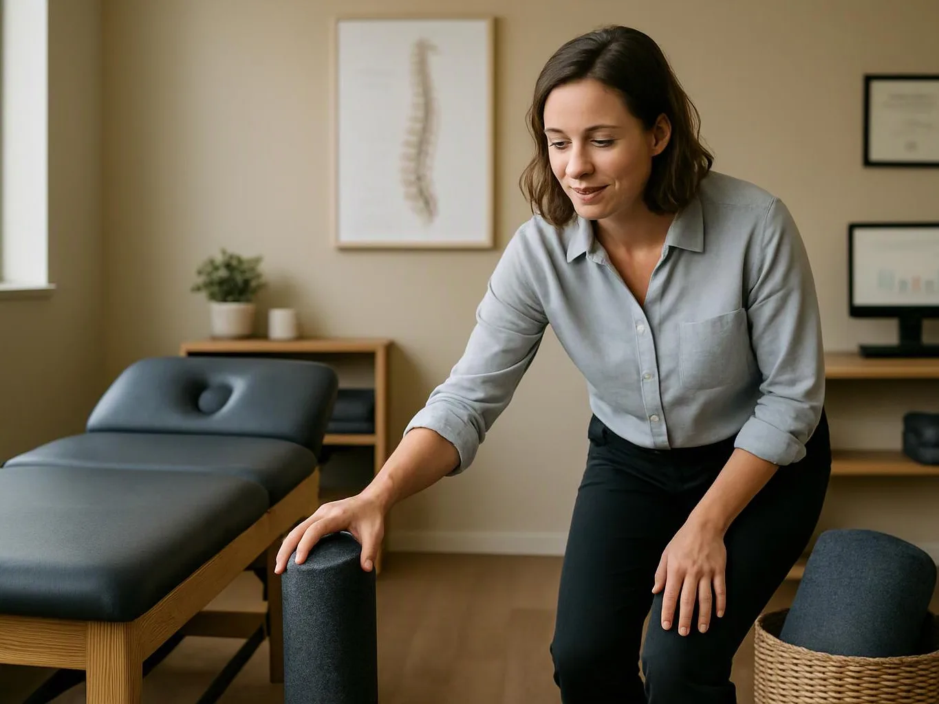 A woman in a clinic room adjusts a black foam roller beside a padded treatment table