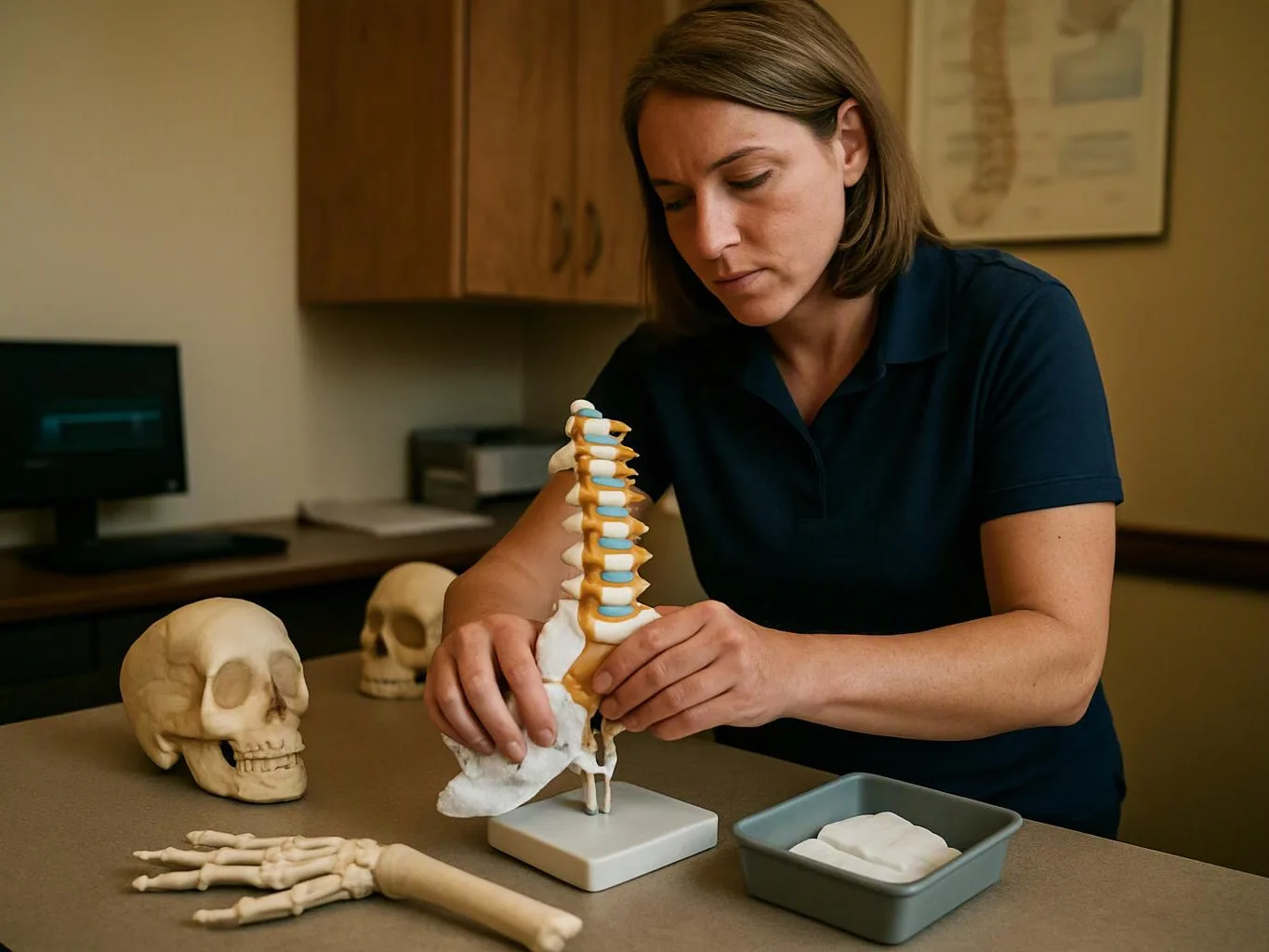 A woman examines a spine model beside skulls and a hand skeleton in a medical classroom