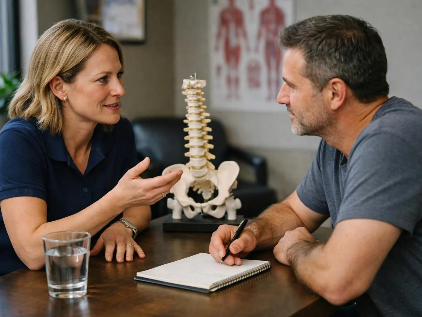 A woman explains a spine model to a man taking notes at a table in a clinic room