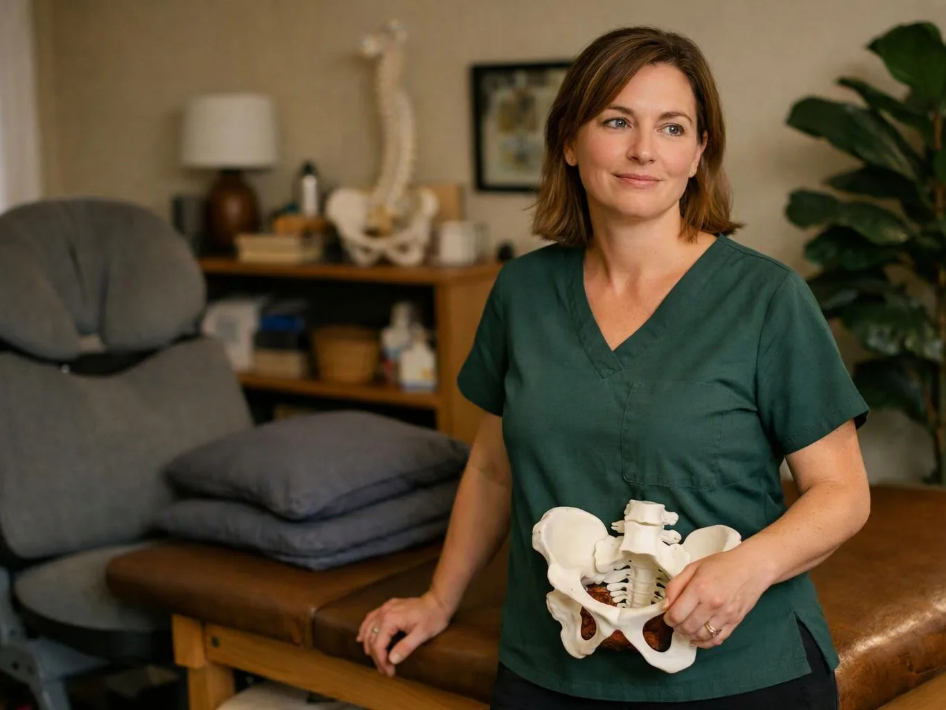 A woman in green scrubs stands beside a treatment table holding a pelvis model in a clinic room