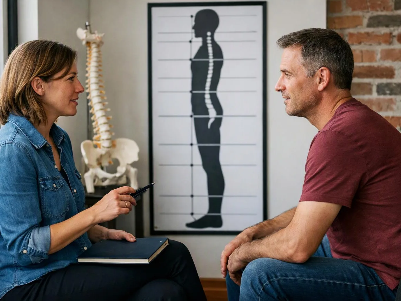 A woman and man talk in a clinic room, with a spine model and posture chart behind them