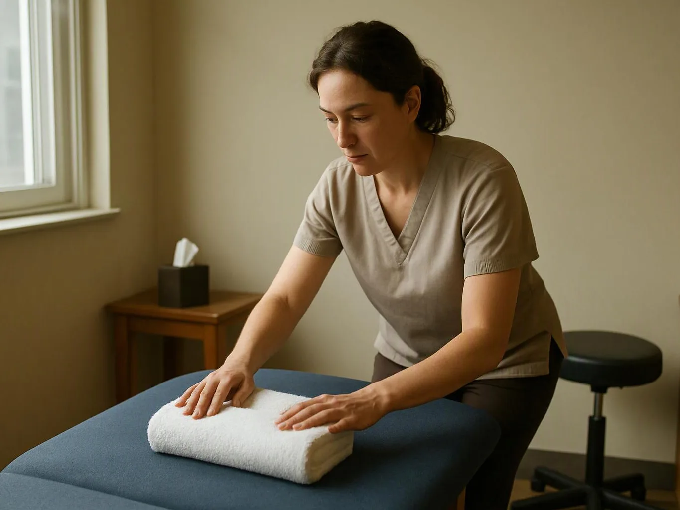 A woman presses a folded white towel on a massage table in a quiet treatment room
