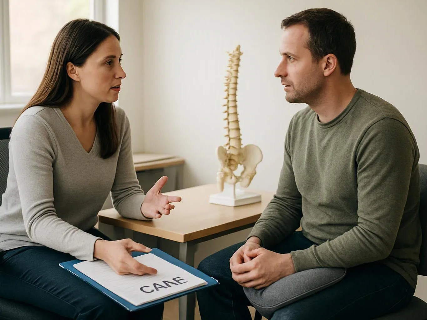 A woman speaks to a man in a clinic room, pointing at a clipboard labeled "CANE" beside a spine model