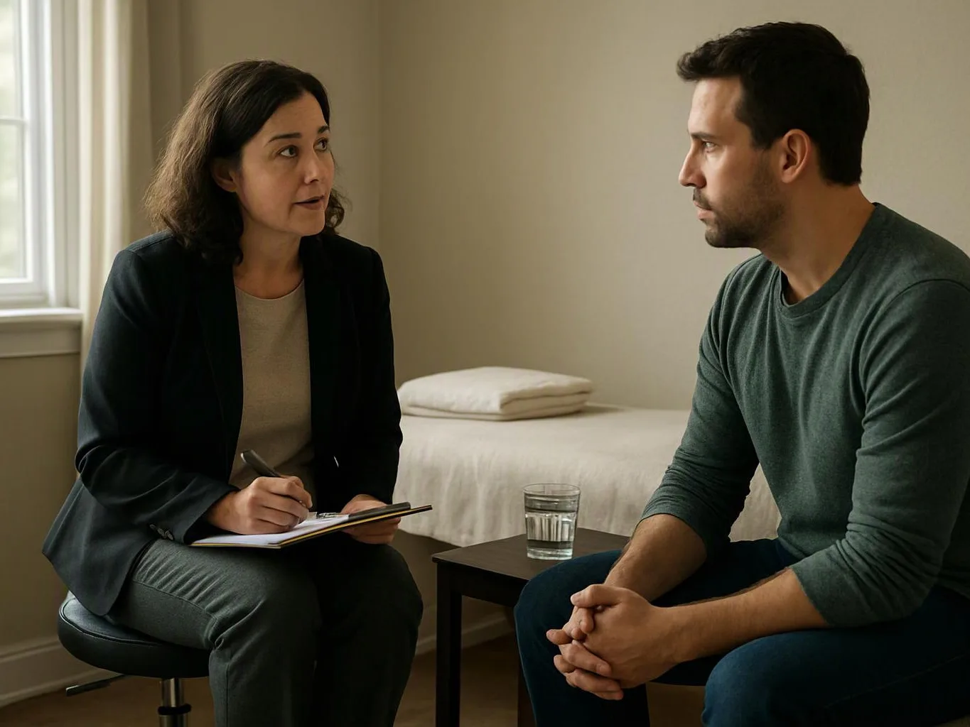 A woman takes notes while talking to a seated man in a sparse room with a bed and water glass