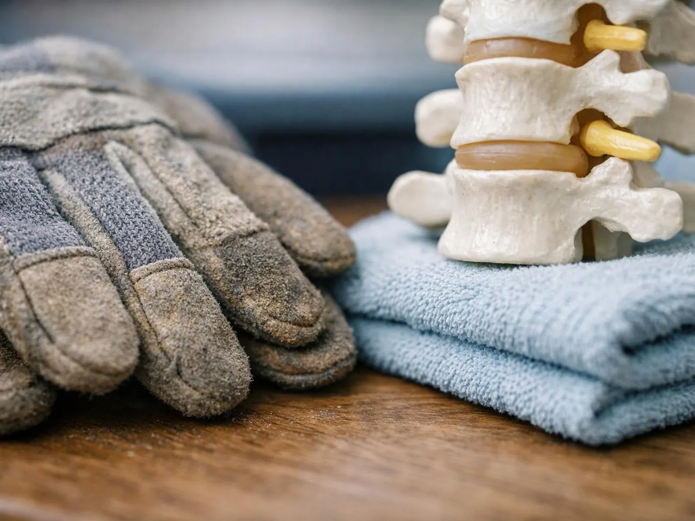 Work gloves rest beside a stacked spine model on folded blue towels and a wooden table